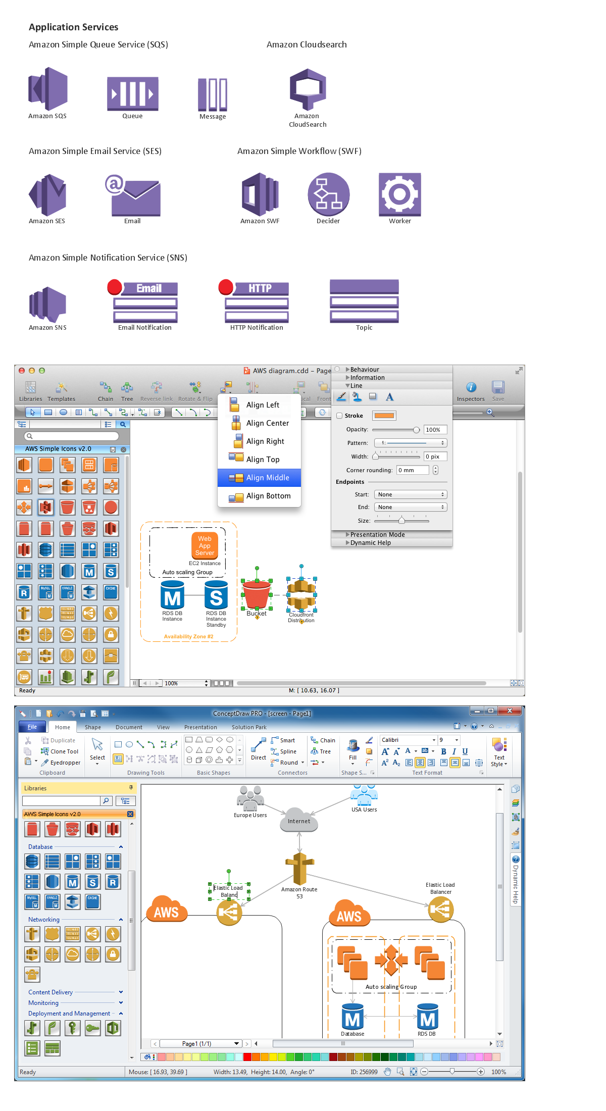 Diagramming software for Amazon Web Service <br>icon set: Application Services *