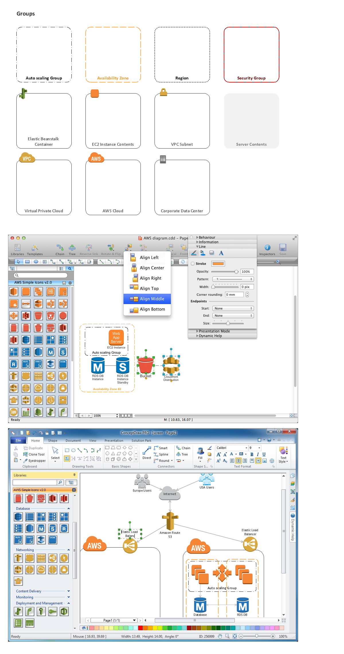 Diagramming software for Amazon Web Service <br>icon set: Groups *