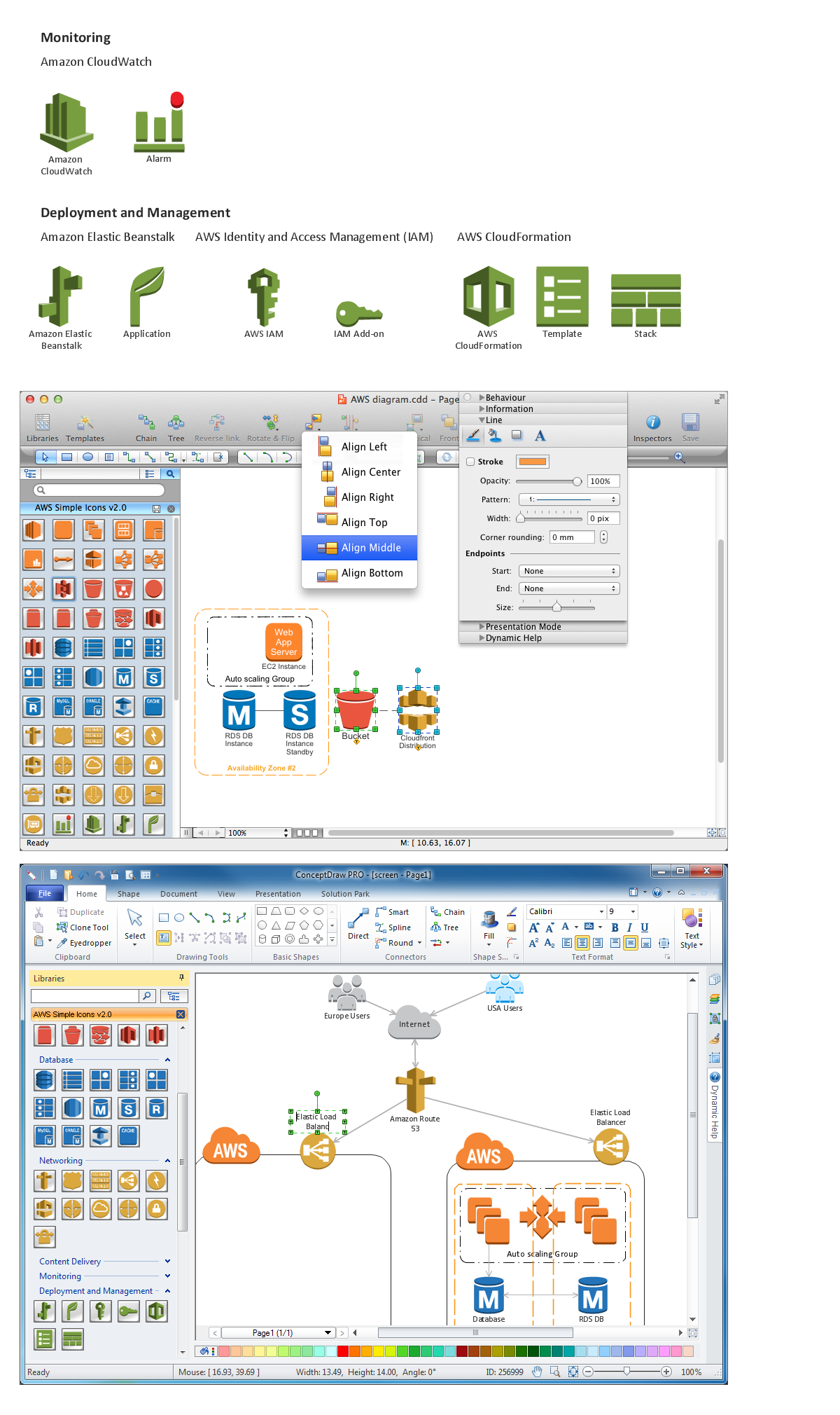 Amazon-Web-Services-AWS-Design-Elements-icons-Monitoring-and-Deployment-and-Management using conceptdraw solution park web tool