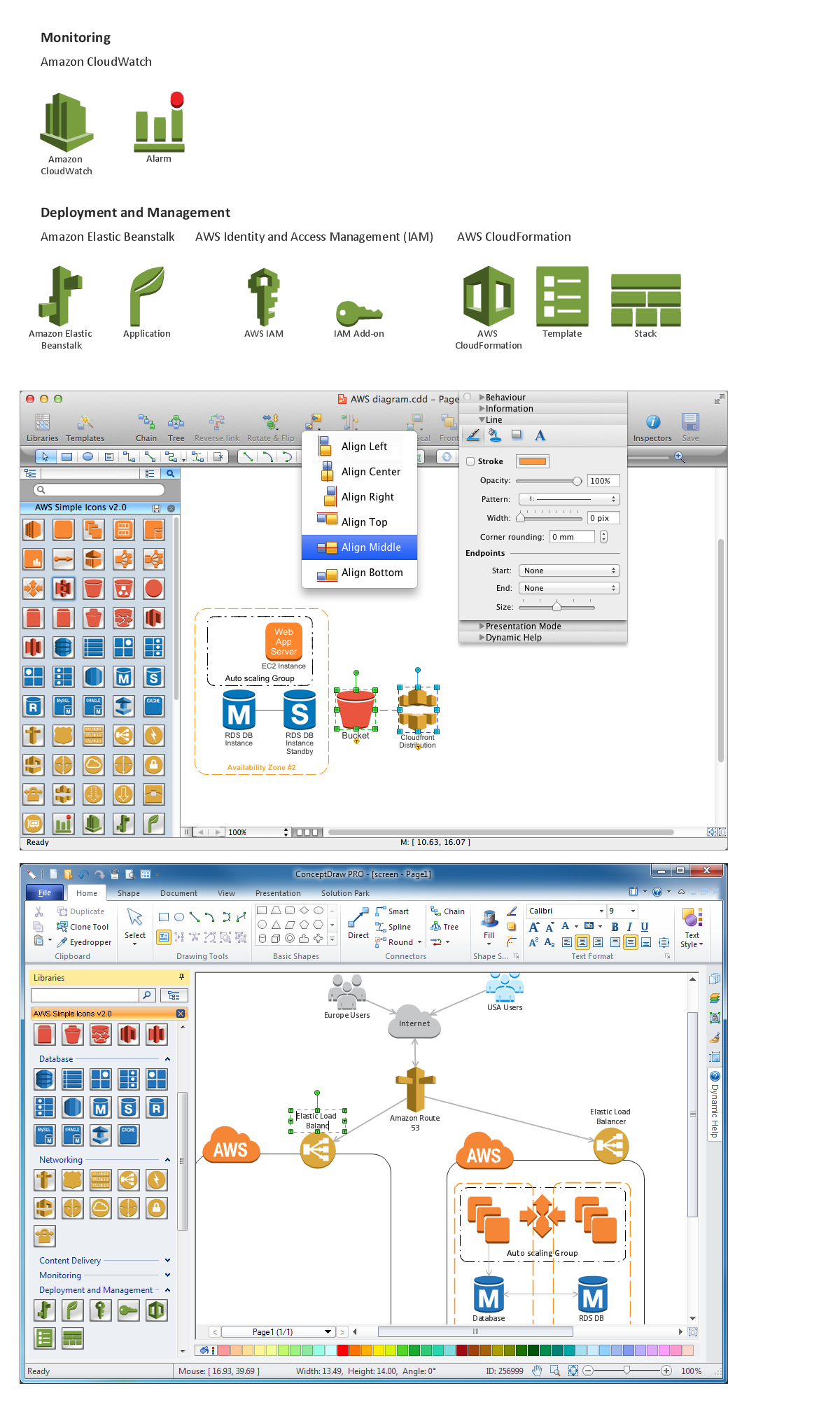 Diagramming software for Amazon Web Service <br>icon set: Monitoring, Deployment, Management *