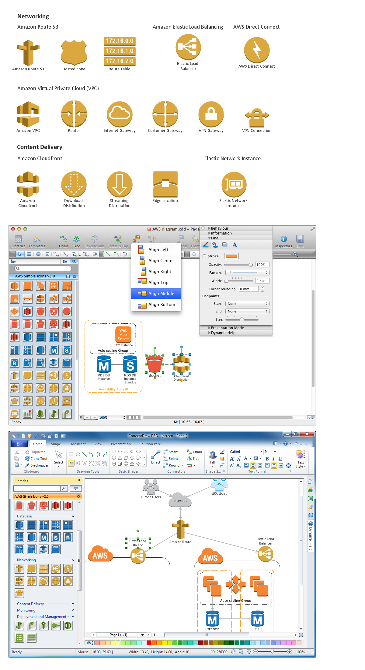 Diagramming software for Amazon Web Service <br>icon set: Networking and Content Delivery *