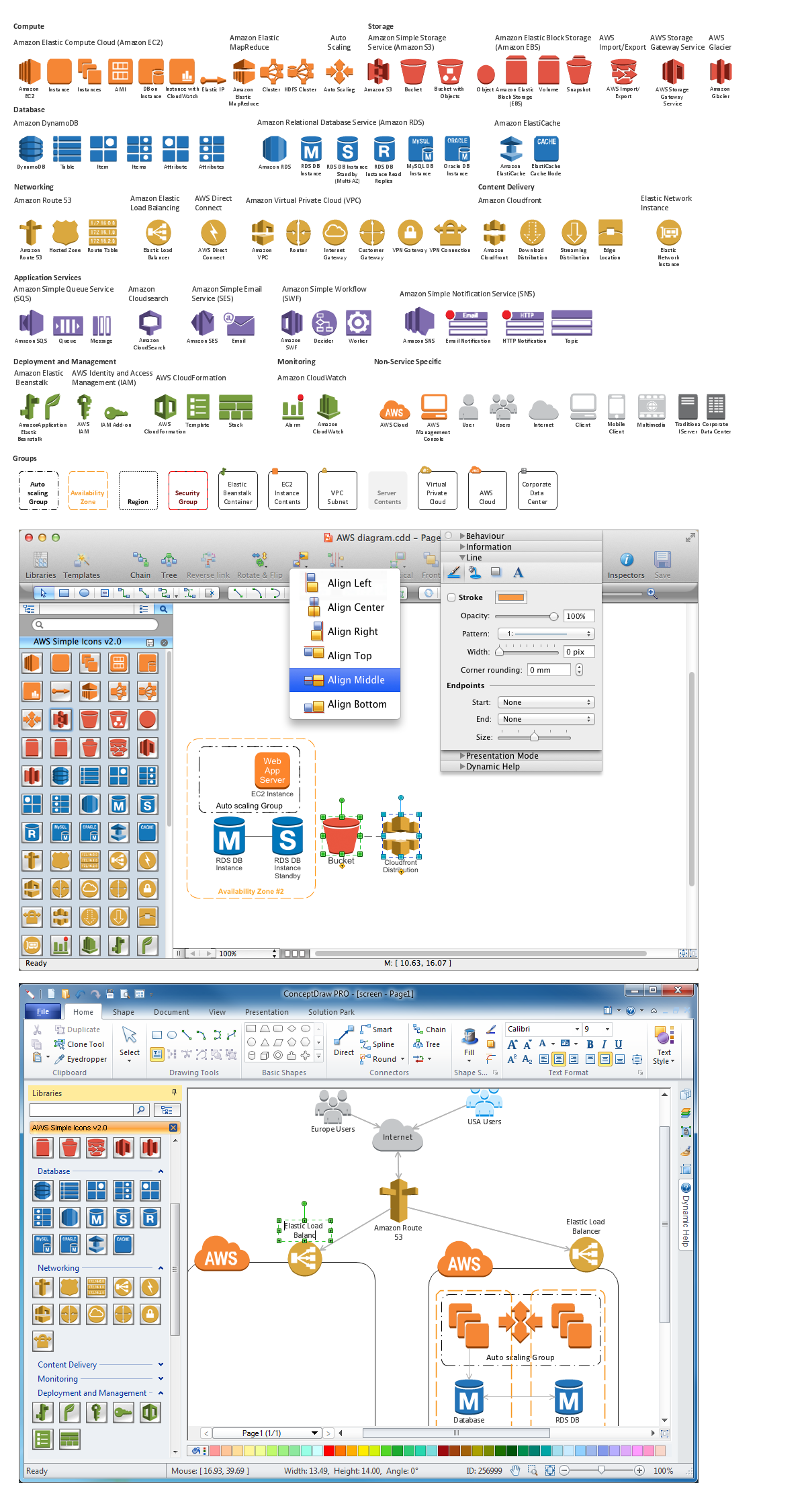 mac pc diagramming software for Amazon Web Service diagrams charts schemes icons example system design software