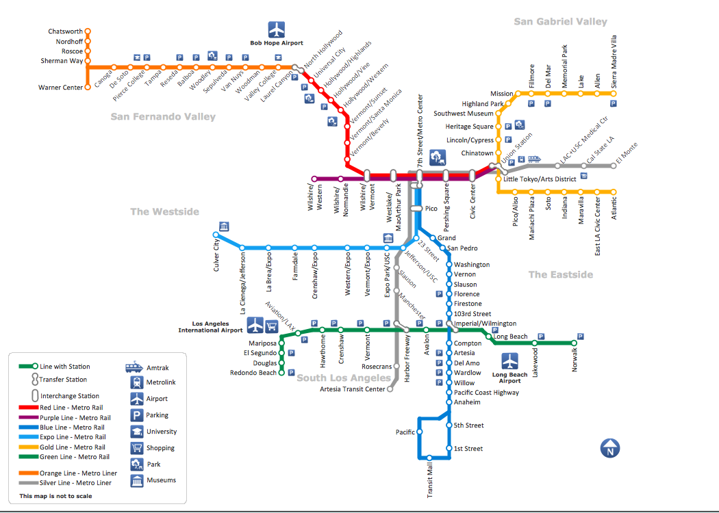 ConceptDraw sample of Metro Map style infographics tube map Los Angeles Metro Rail and Liner - how to draw metro maps using solution Metro Map