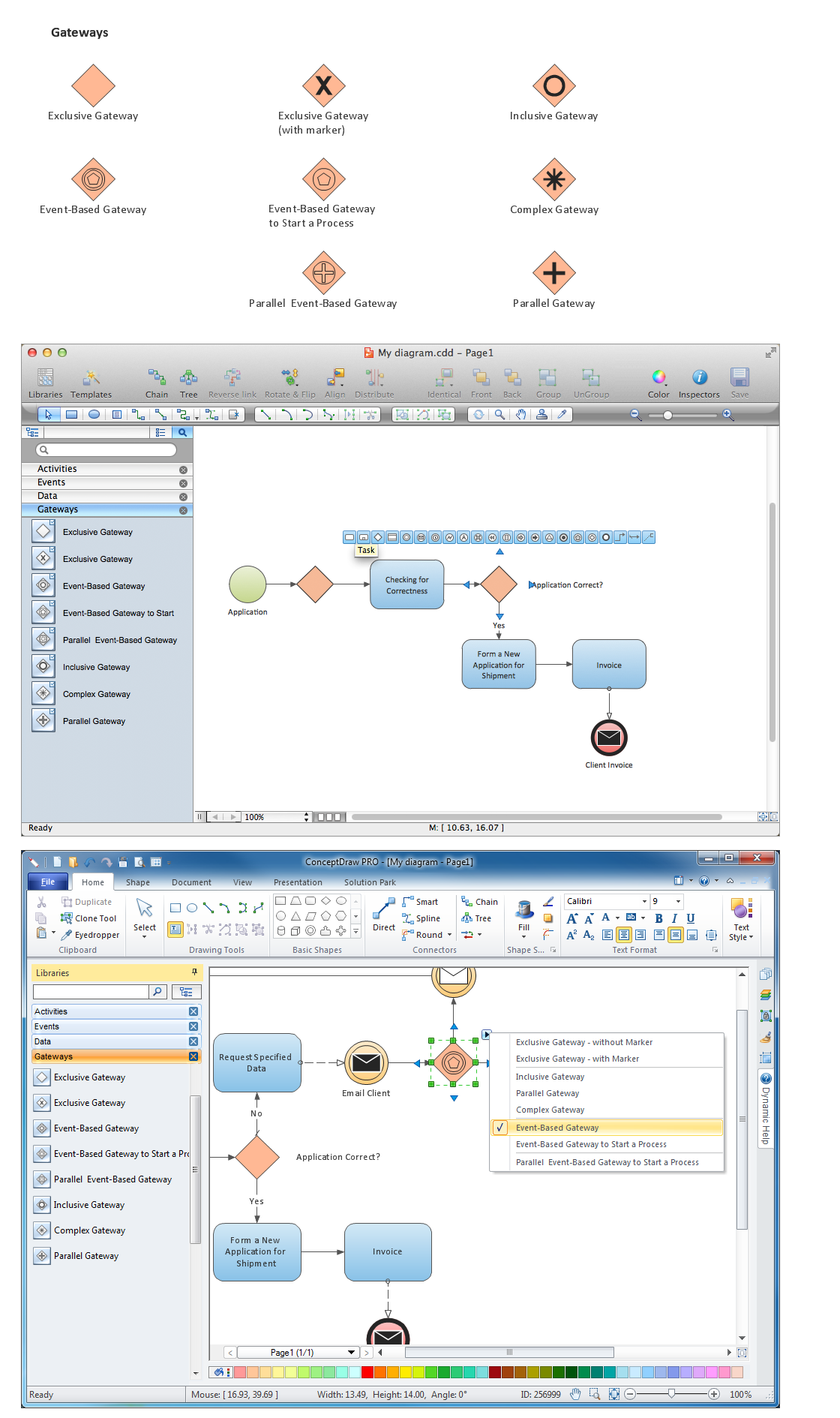 Diagramming software for Business Process — Design Elements: Gateways (Win, Mac)
