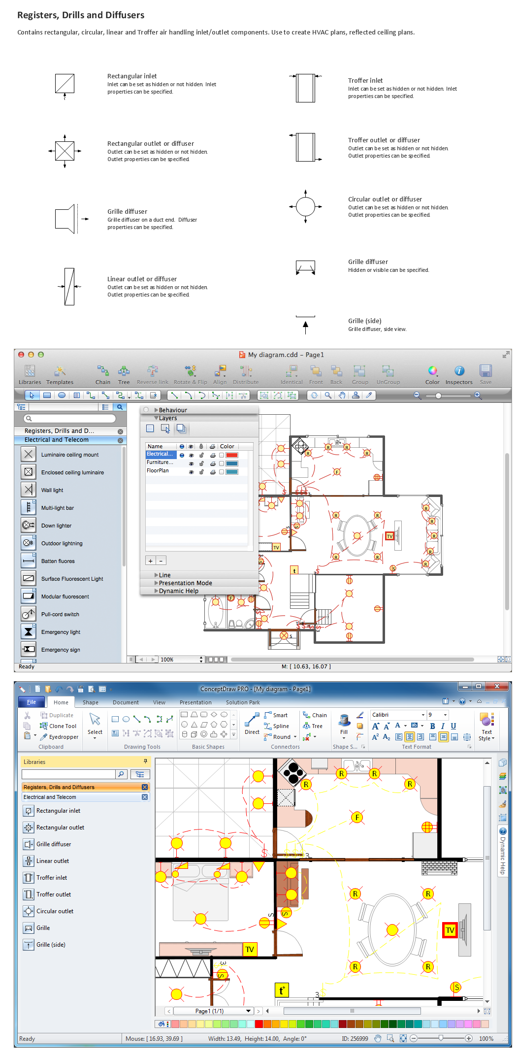 Building Drawing Tools.  Design Elements — Registers, Drills and Diffusers