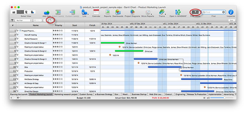 ConceptDraw PROJECT embedded filtering capabilities on Macintosh