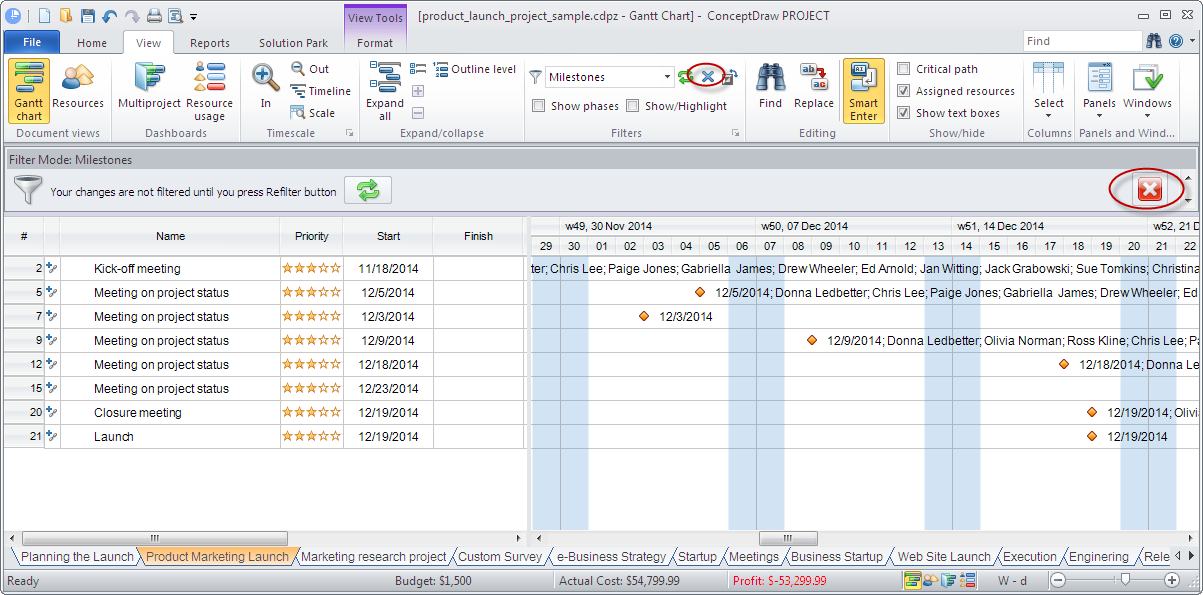 ConceptDraw PROJECT embedded filtering capabilities on Windows