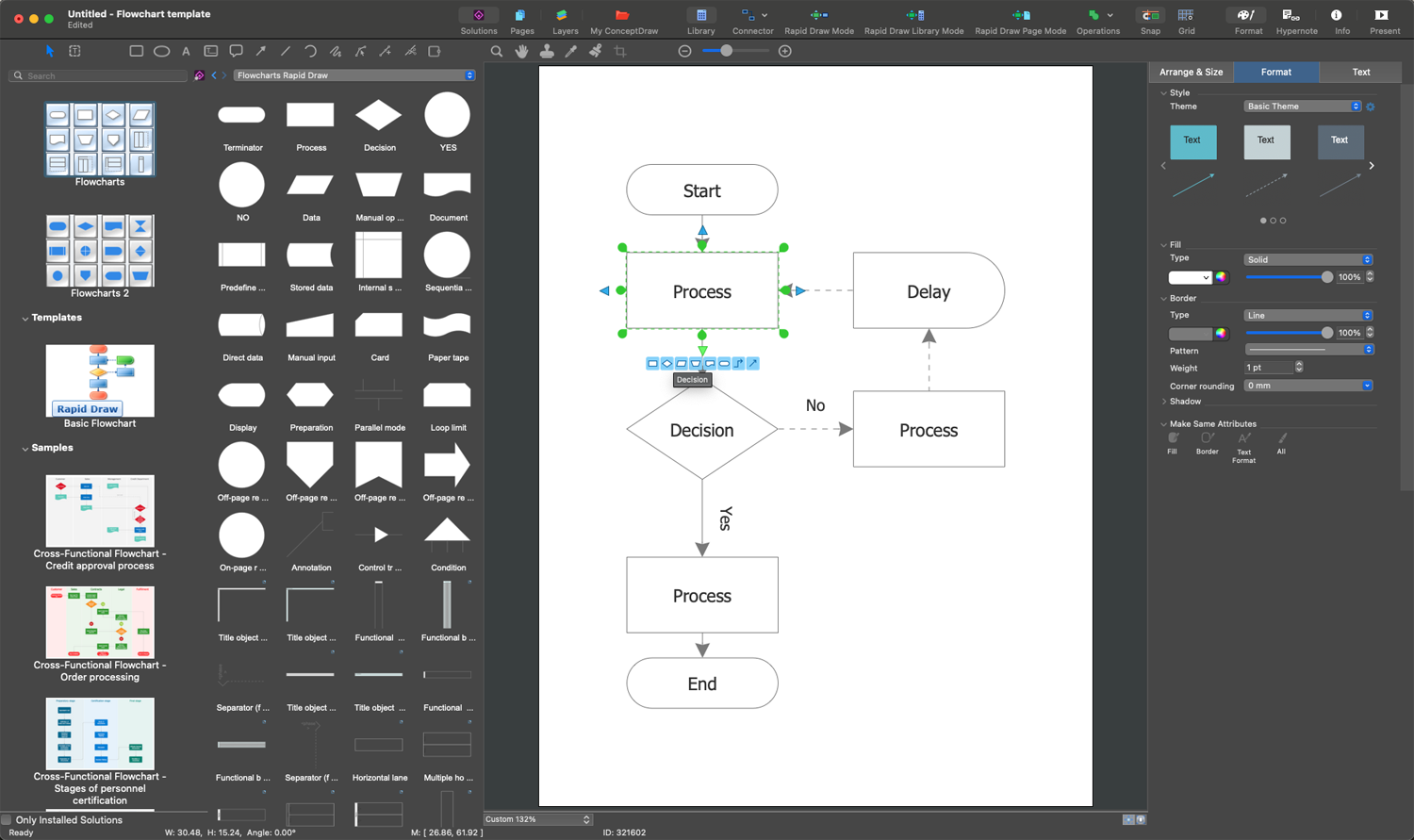 Flowchart template workspace showing symbol library and diagram canvas