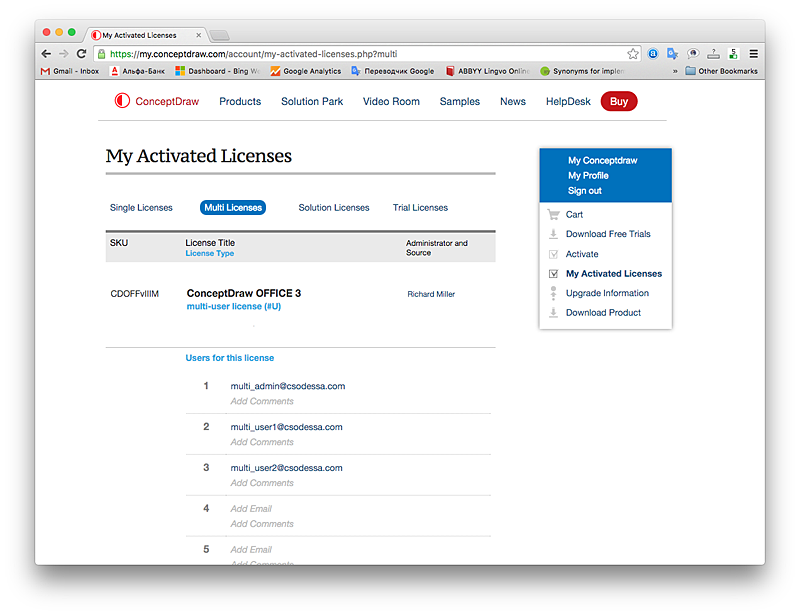 Administration panel for multi-user license management