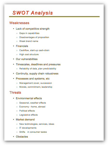 SWOT Analysis in MS Word document