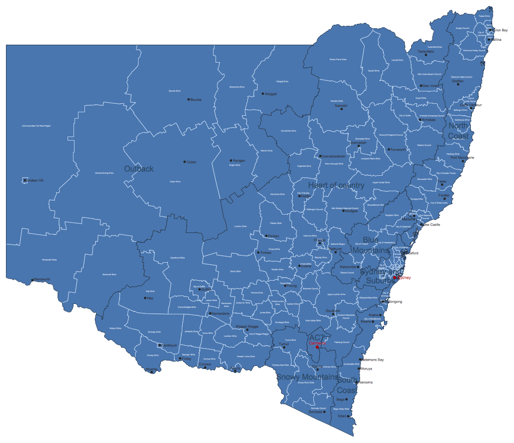 Map of Australia New South Wales with LGA Names