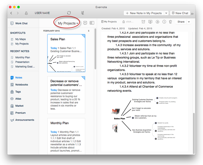 Add a Note from ConceptDraw MINDMAP to  Evernote Account