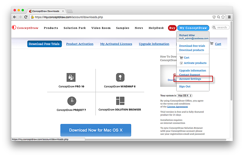 ConceptDraw account management panel