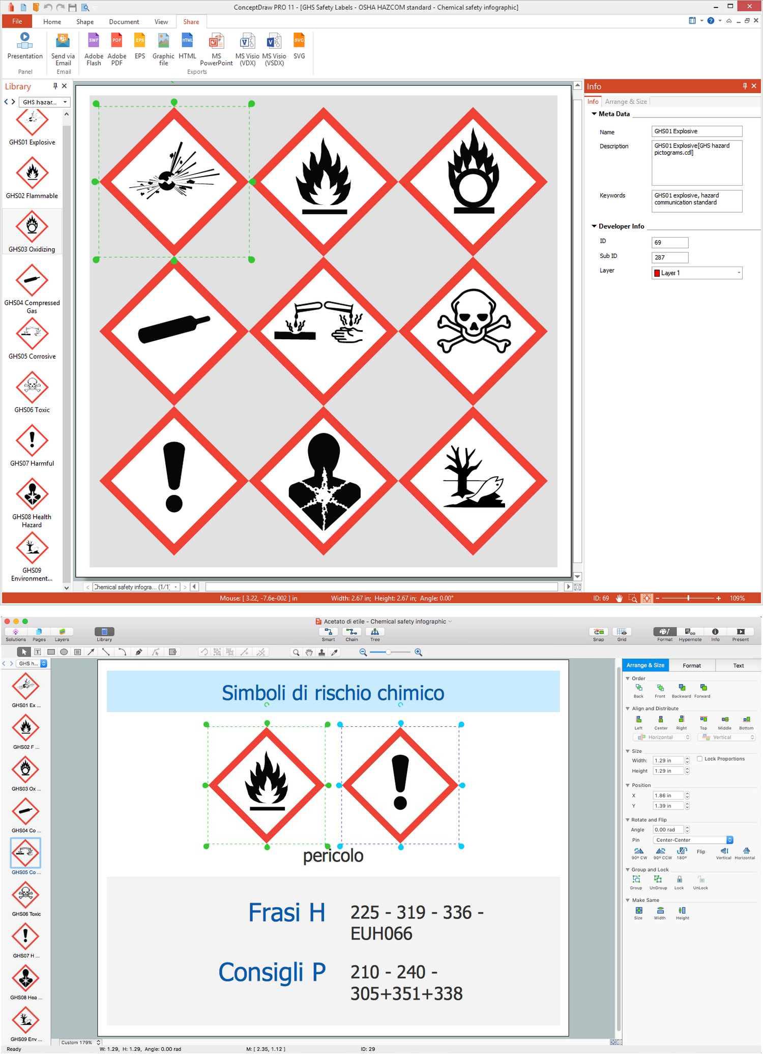 Design Safety Infographic with OSHA HAZCOM pictograms - Acetato di etile