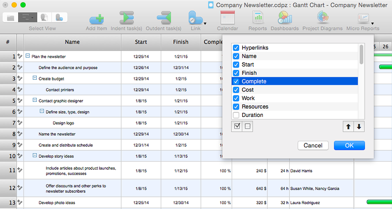 project file -column customization